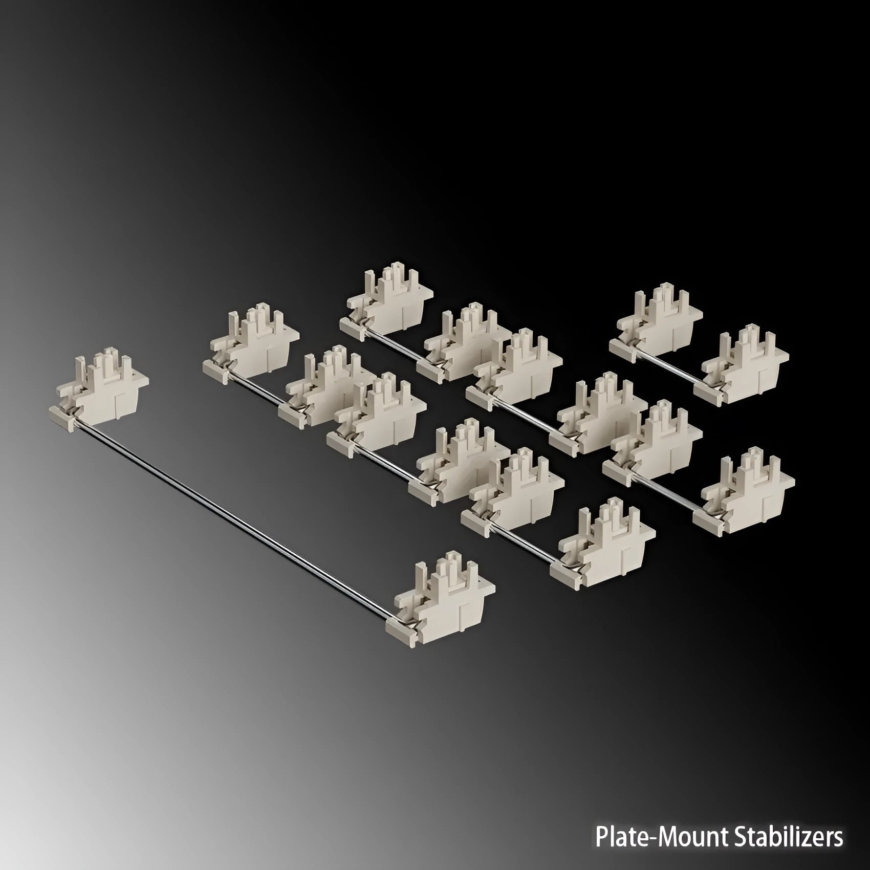 Black and milky white mechanical keyboard stabiliser sets showing 6.25U and 7U satellite axis options