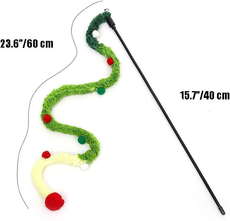 Blue interactive cat wand toy with plush strip, fluffy ball, and bell on a 41cm pole.