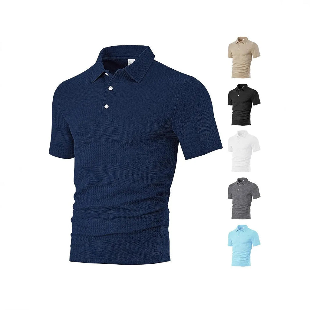 Men's loose casual lapel jacquard short sleeve shirt in grid pattern, polyester fabric, available in multiple colours