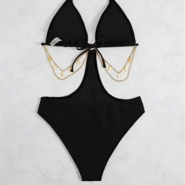 Women's black bikini swimsuit with metal chain detail on front