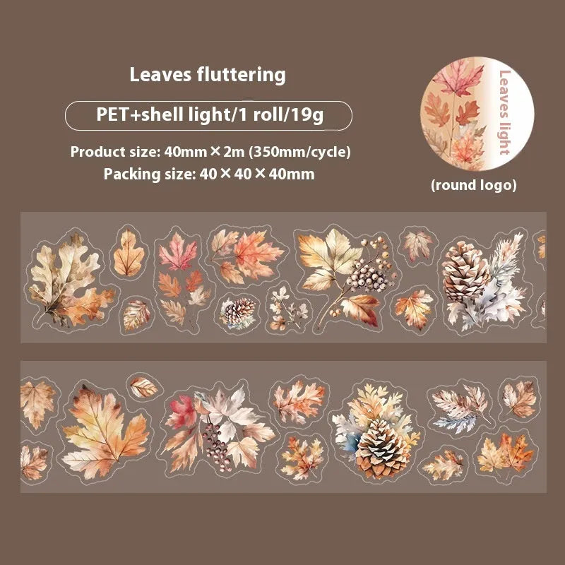 Roll of Deciduous Poetry Series decorative stickers showing autumn leaf patterns, 40mm wide.
