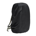 Army green waterproof rain cover fitted over a large 80-litre hiking backpack outdoors.