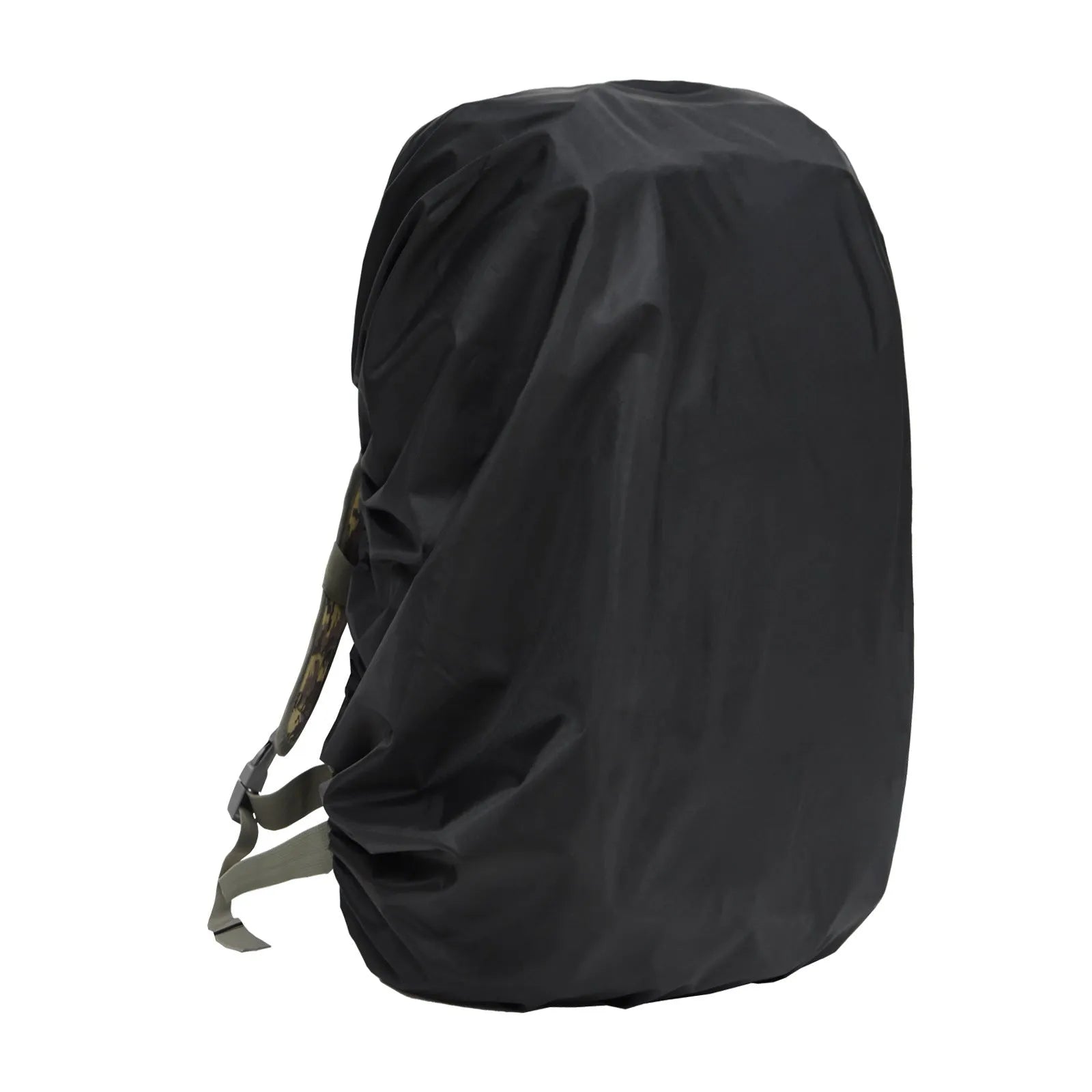 Army green waterproof rain cover fitted over a large 80-litre hiking backpack outdoors.