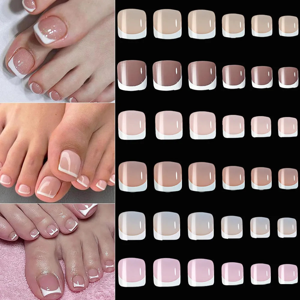 Box of 120 French white edge press-on toe nails in full square short shape showing multiple nude shades.