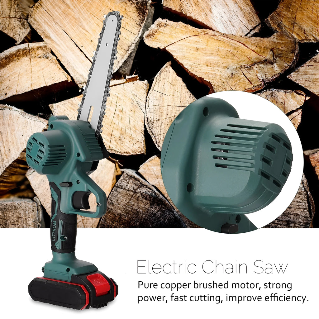 Black mini electric chainsaw with 4-inch chain, lightweight one-hand design on workbench