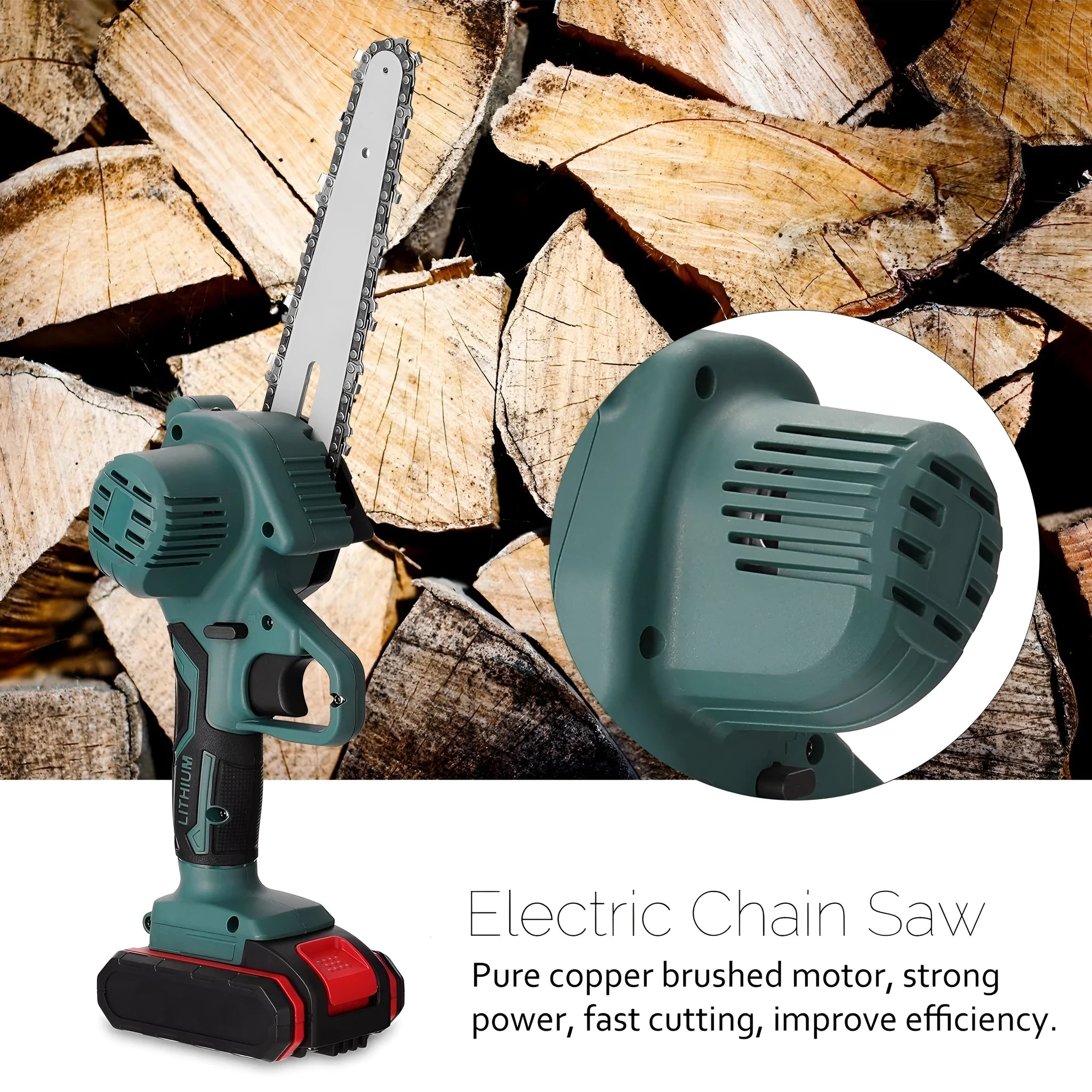 Black mini electric chainsaw with 4-inch chain, lightweight one-hand design on workbench