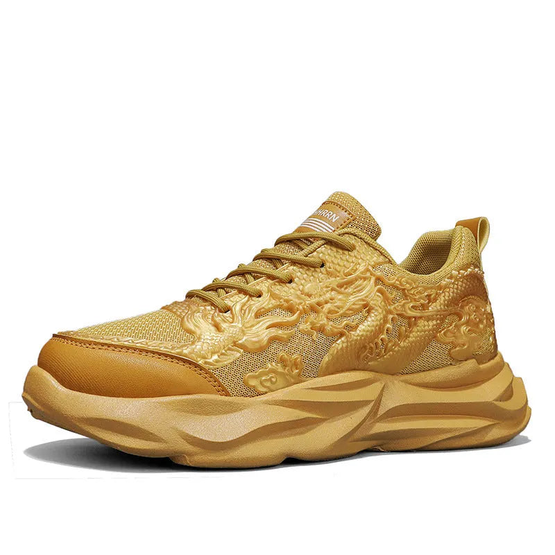 Chinese Loong breathable fly knit sneakers with dragon pattern and rubber sole in gold, white, or black colours
