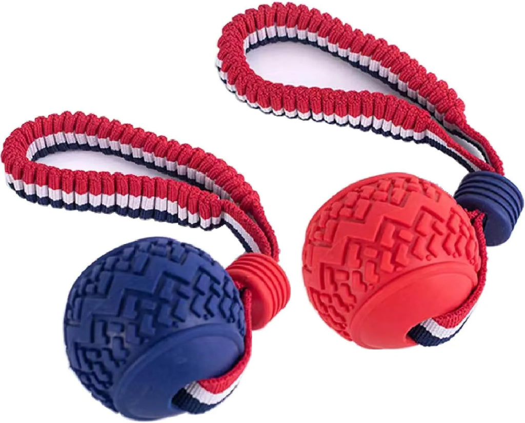Blue rubber dog ball with rope toy for small dogs showing textured surface and 29cm length