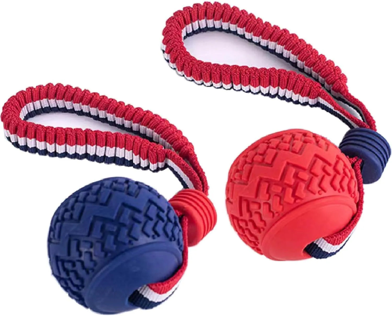 Blue rubber dog ball with rope toy for small dogs showing textured surface and 29cm length
