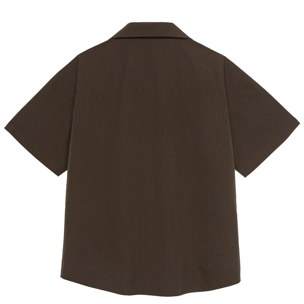 Brown striped men's outdoor shirt with Cuban collar and short sleeves