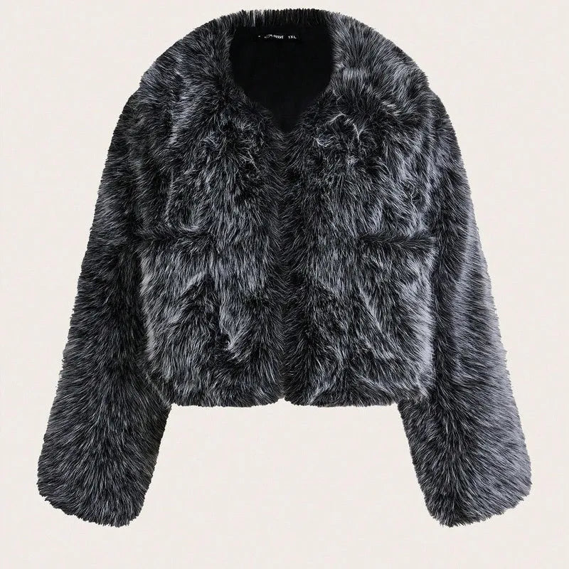 Artificial fox fur fashion coat with fur collar in short 40cm length and long sleeves