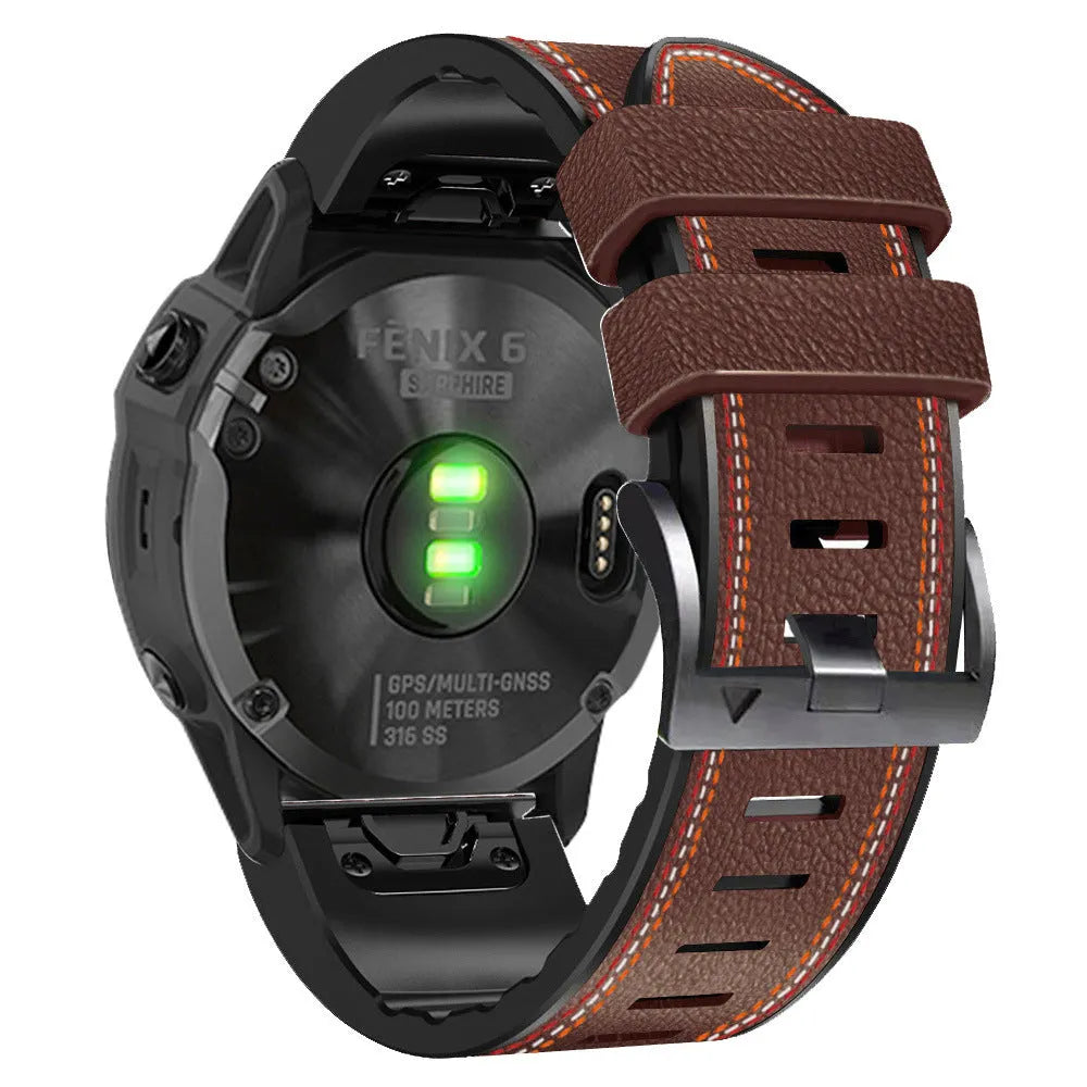 Silicone leather quick release watch strap for Garmin Fenix smartwatch in black, shown next to 22mm and 26mm size options.