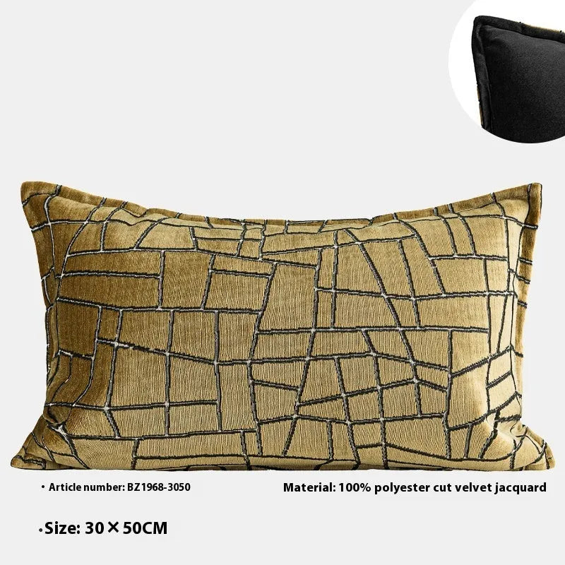 Tuhao Gold geometric abstract pillow cover in feather velvet texture on sofa