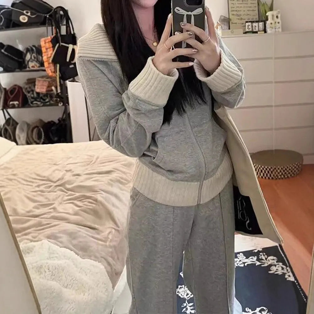 Light gray women's two-piece casual set with coat and wide leg trousers