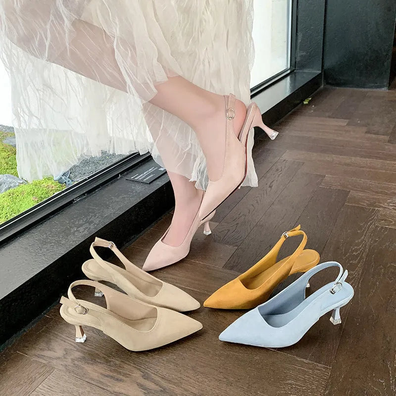 Women's stiletto heels with pointed toe in pink, blue, yellow, and apricot colours