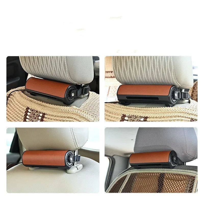 Bladeless car fan with USB power cord in black, brown, or red colour options