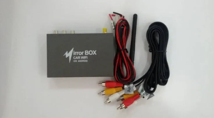 Black car mirror link box converter unit with power cable, AV cable, antenna, and user manual for smartphone screen mirroring.