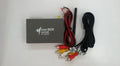 Black car mirror link box converter unit with power cable, AV cable, antenna, and user manual for smartphone screen mirroring.
