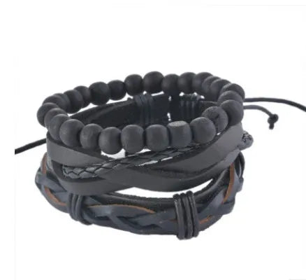 Hand-woven brown leather wrap bracelet with wooden beads on a 6cm adjustable band.