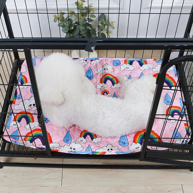 Reusable waterproof pet training pad showing colour pattern options and non-slip backing