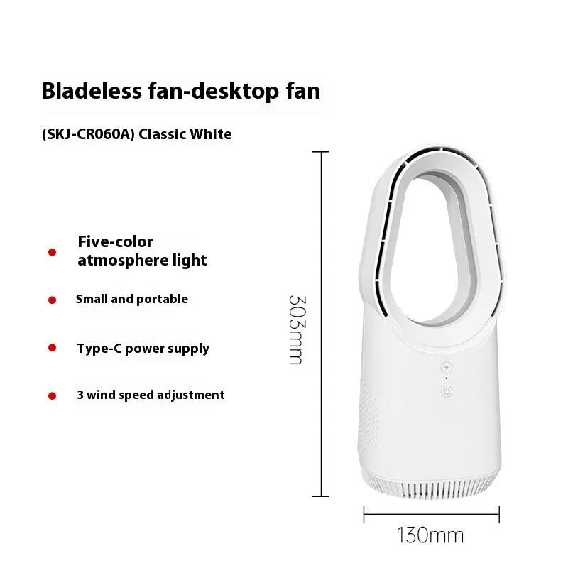 SK white bladeless tower fan with remote control placed on a wooden floor.