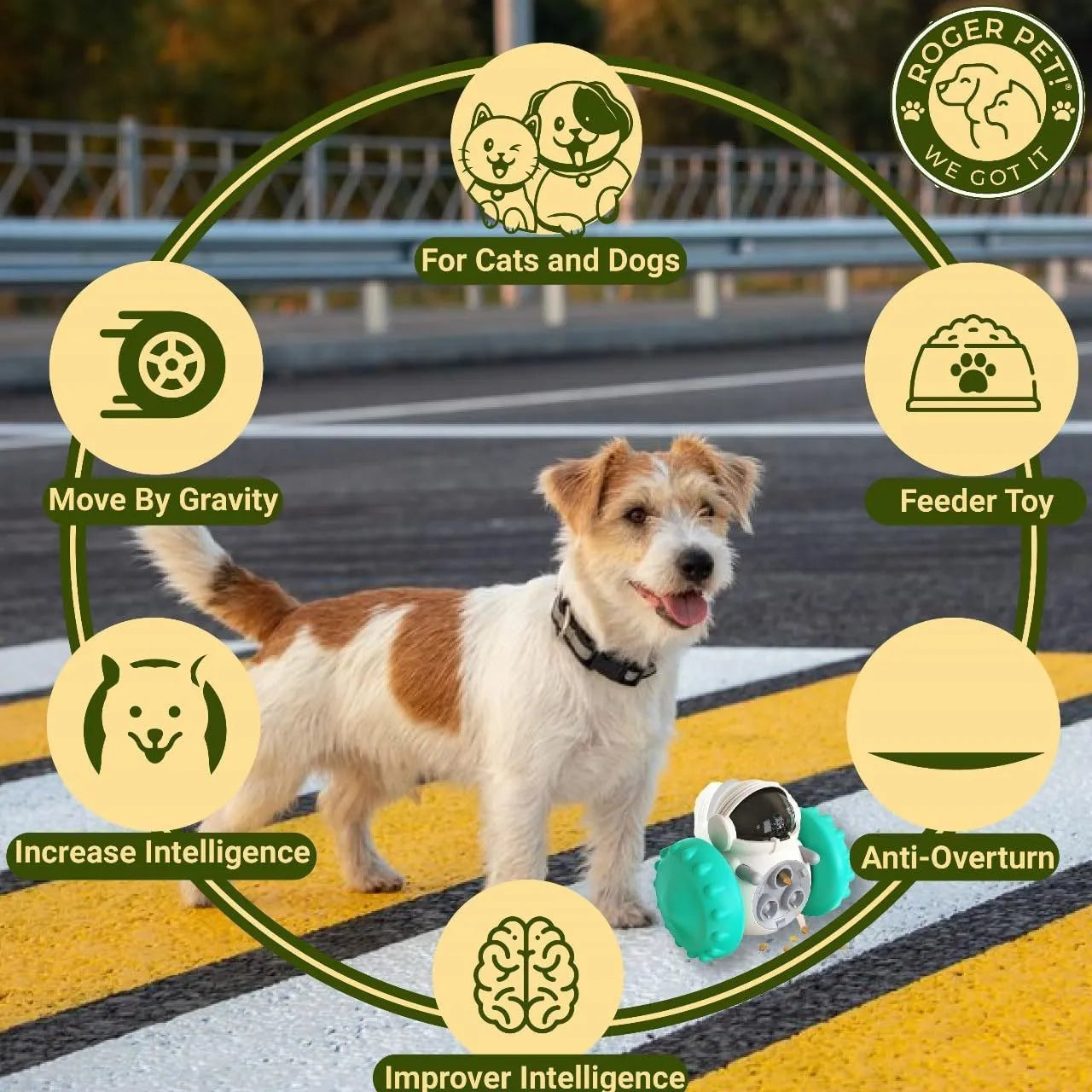 Robot-style self-balancing dog treat dispenser toy for small dogs and cats in five colour options