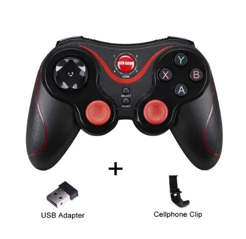 Black X3 Bluetooth wireless game controller with attached phone clip for Android smartphones