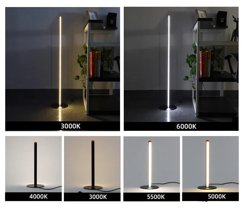 Vertical aluminium alloy floor lamp in modern simple style next to a sofa.