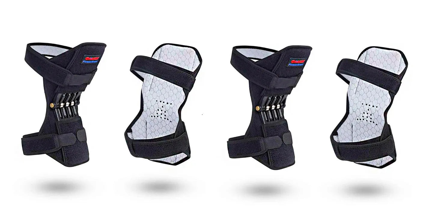 Adjustable black spring knee brace with straps and venting holes for sports support.