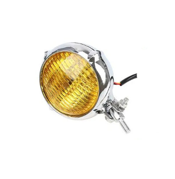 Retro-style black electroplated aluminium Harley headlamp with 8cm diameter and yellow halogen bulb