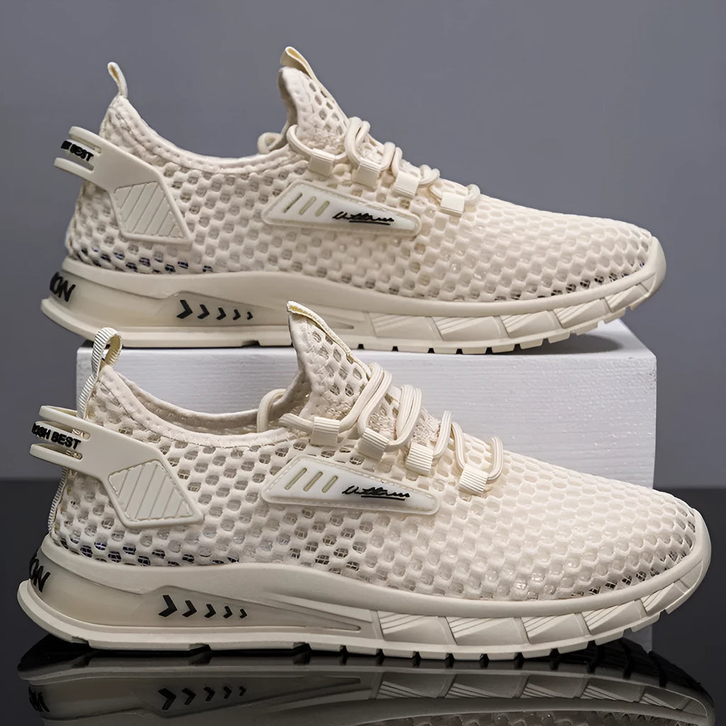 Men's beige synthetic leather and mesh sneaker with white EVA sole and lace-up front.