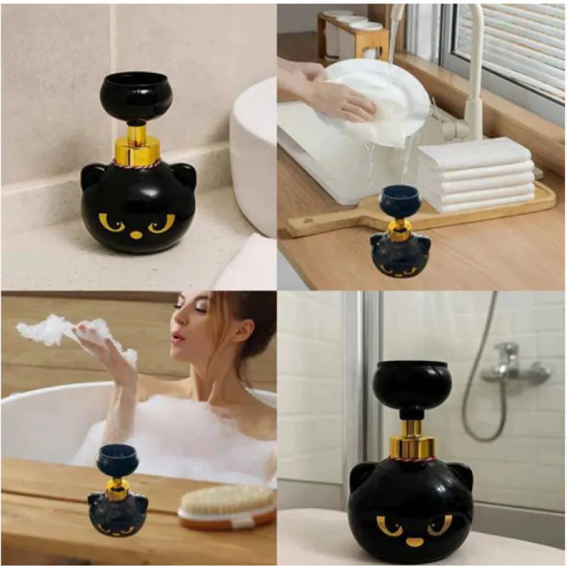 Black cartoon cat shaped soap extrusion dispenser measuring 10 by 18 centimetres