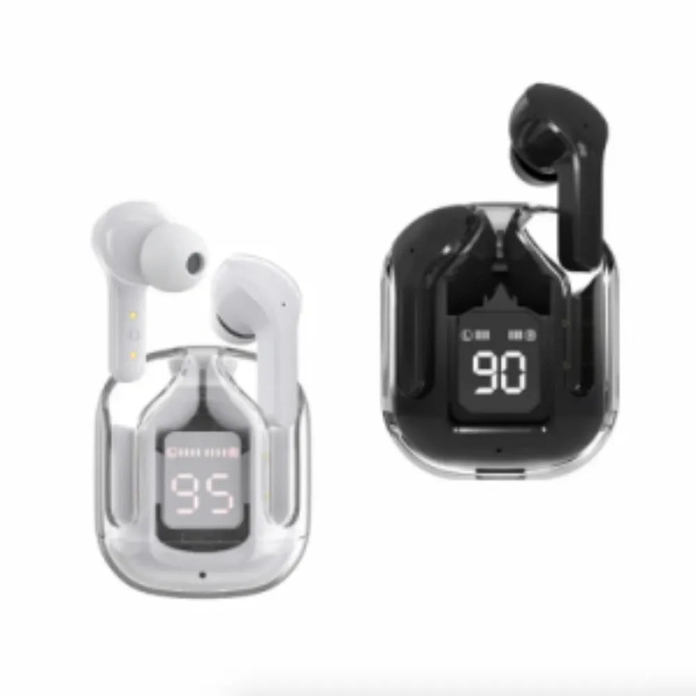 Transparent space capsule Bluetooth headset body with digital display and Jerry chip in black white blue green and peach