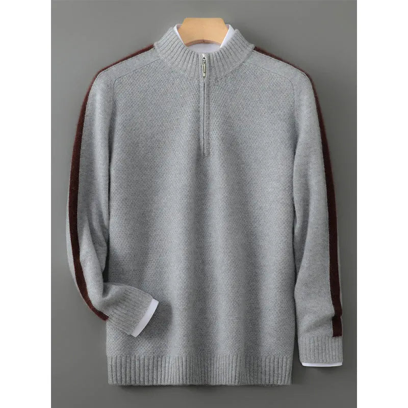 Sheep wool slim fit sweater with half-height zip in Raw Velvet Camel colour on hanger