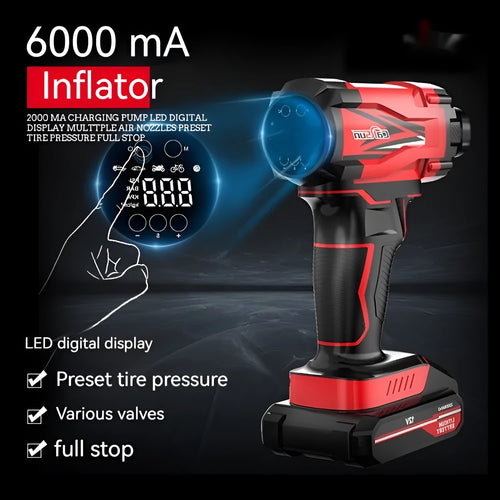 Red and black portable car wireless air pump with multiple nozzles and 3-metre power cable for tyre inflation