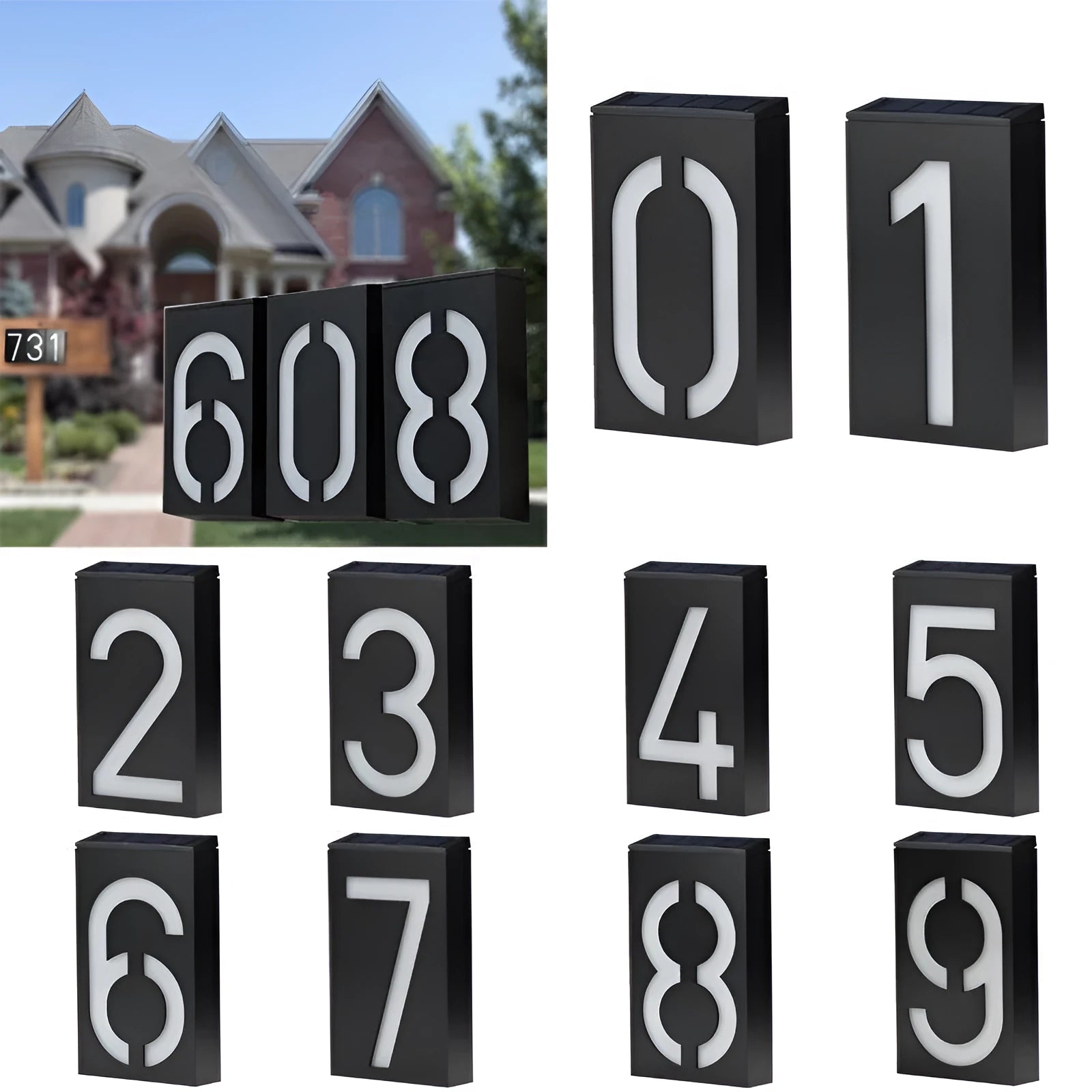 Solar powered white LED house number light mounted on a wall with IP65 waterproof rating