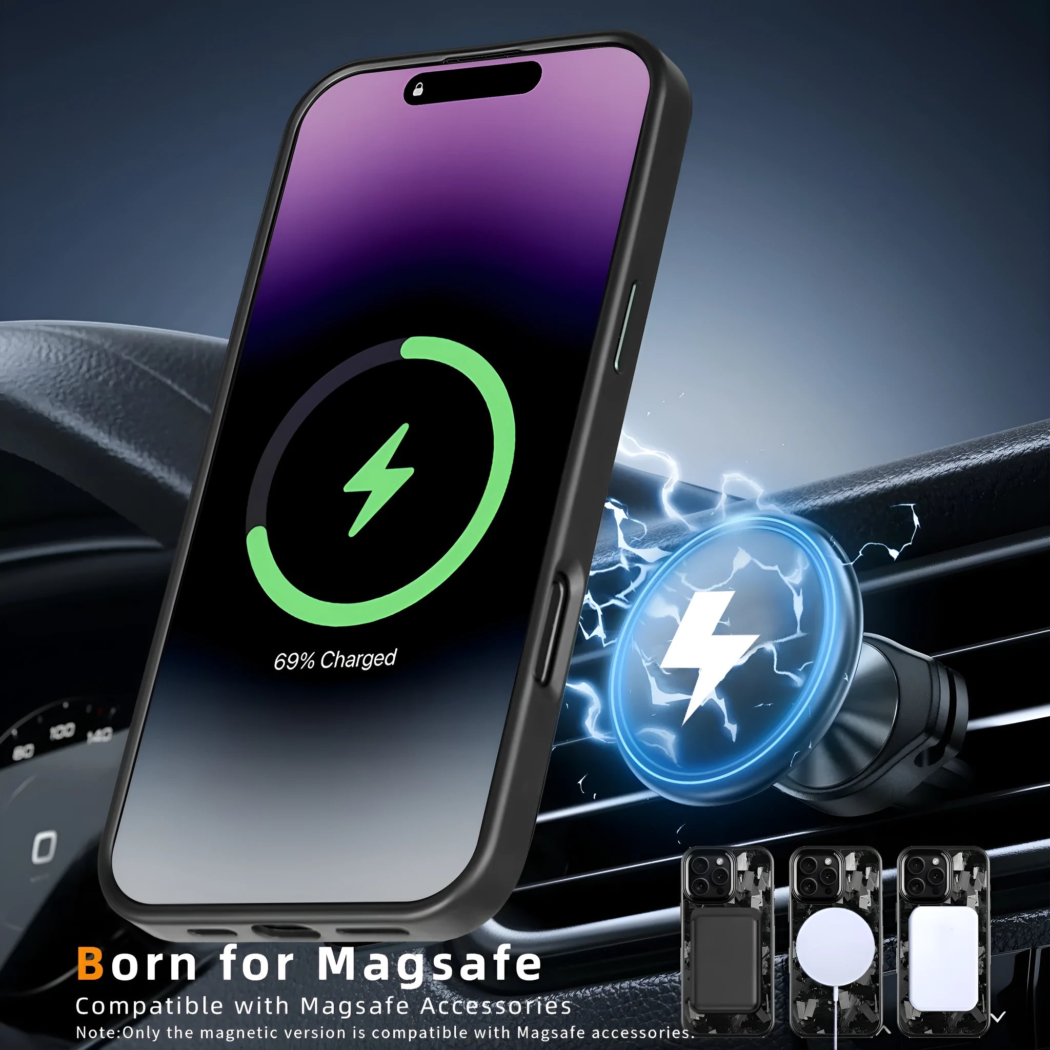 Black carbon fibre magnetic protective phone case with metal forged pattern frame for iPhone 17 series.