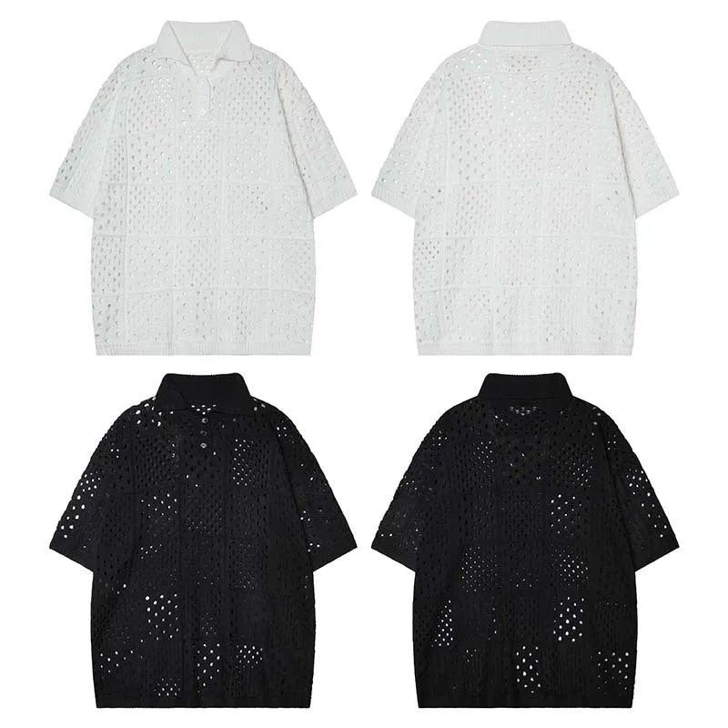 Loose fit short-sleeved knitted polo shirt with hollow design in solid black or white for teenagers