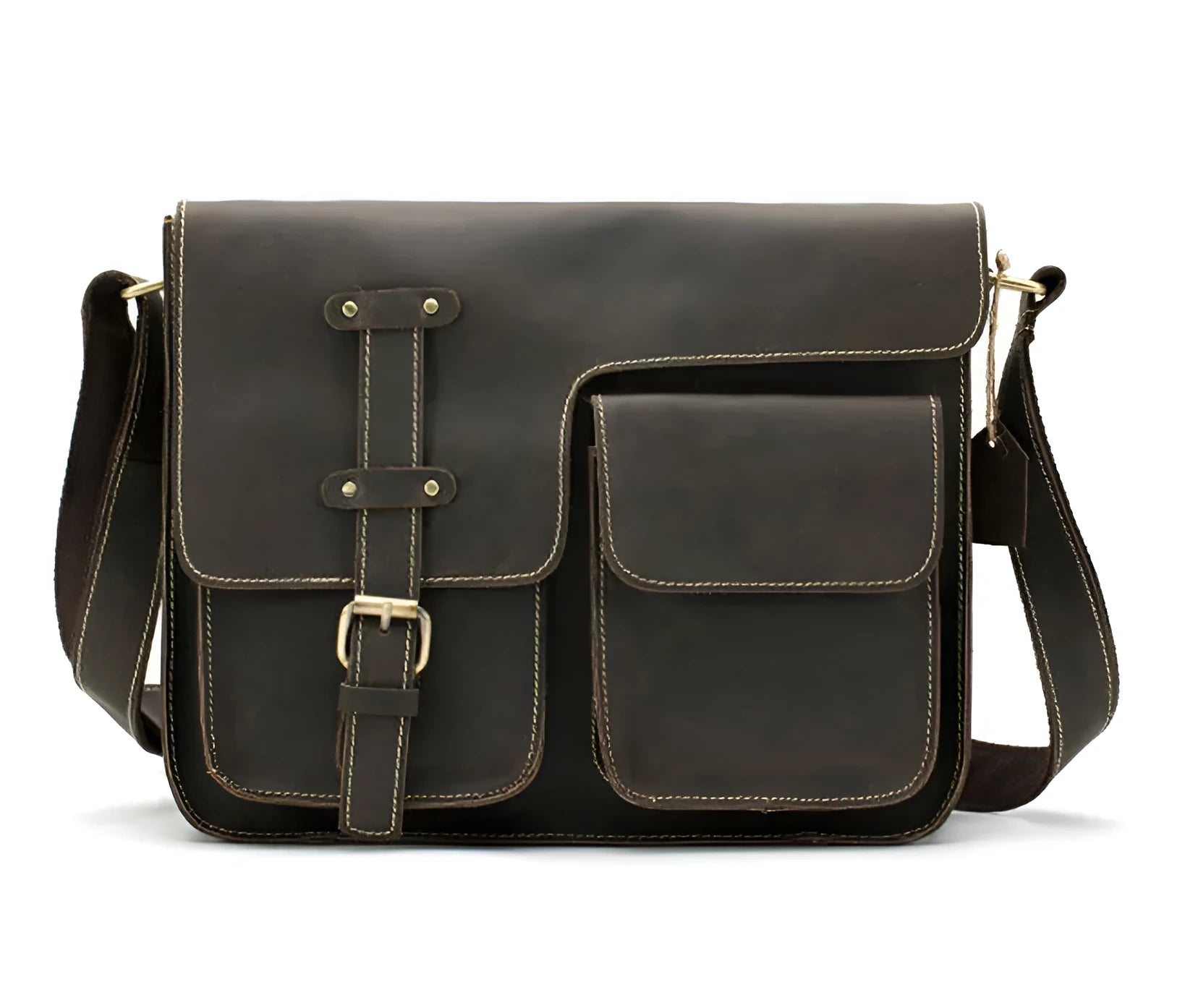 Leather vintage messenger bag in brown colour with adjustable strap and flap closure