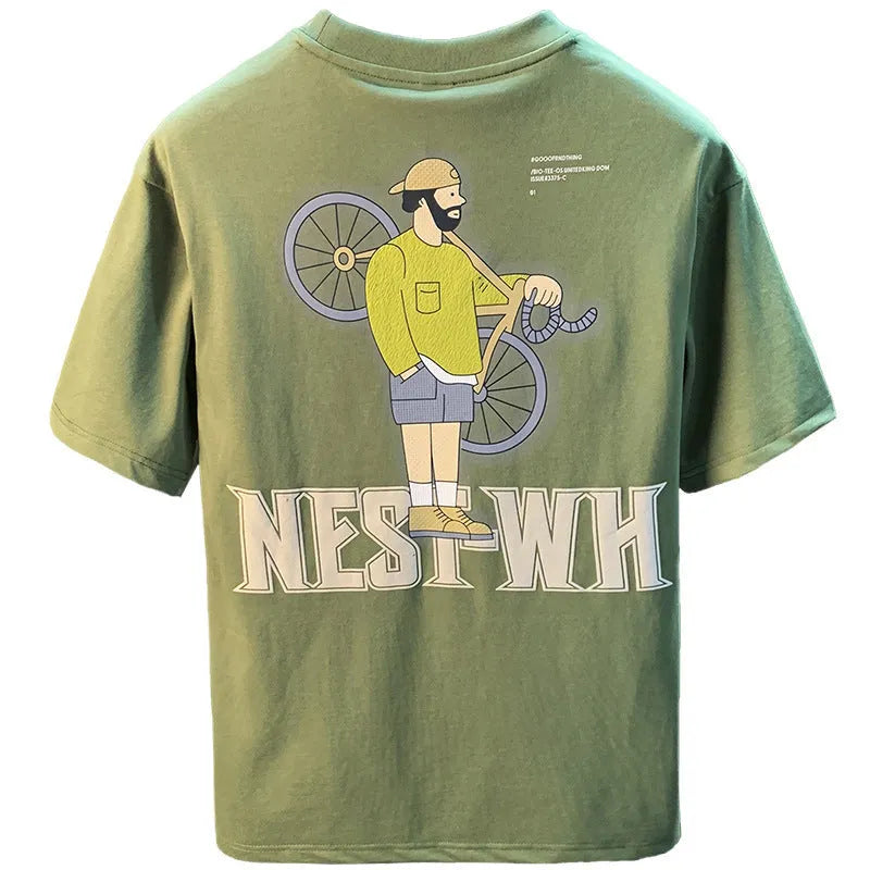 Green men's loose fit graphic T-shirt with literary print and short sleeves