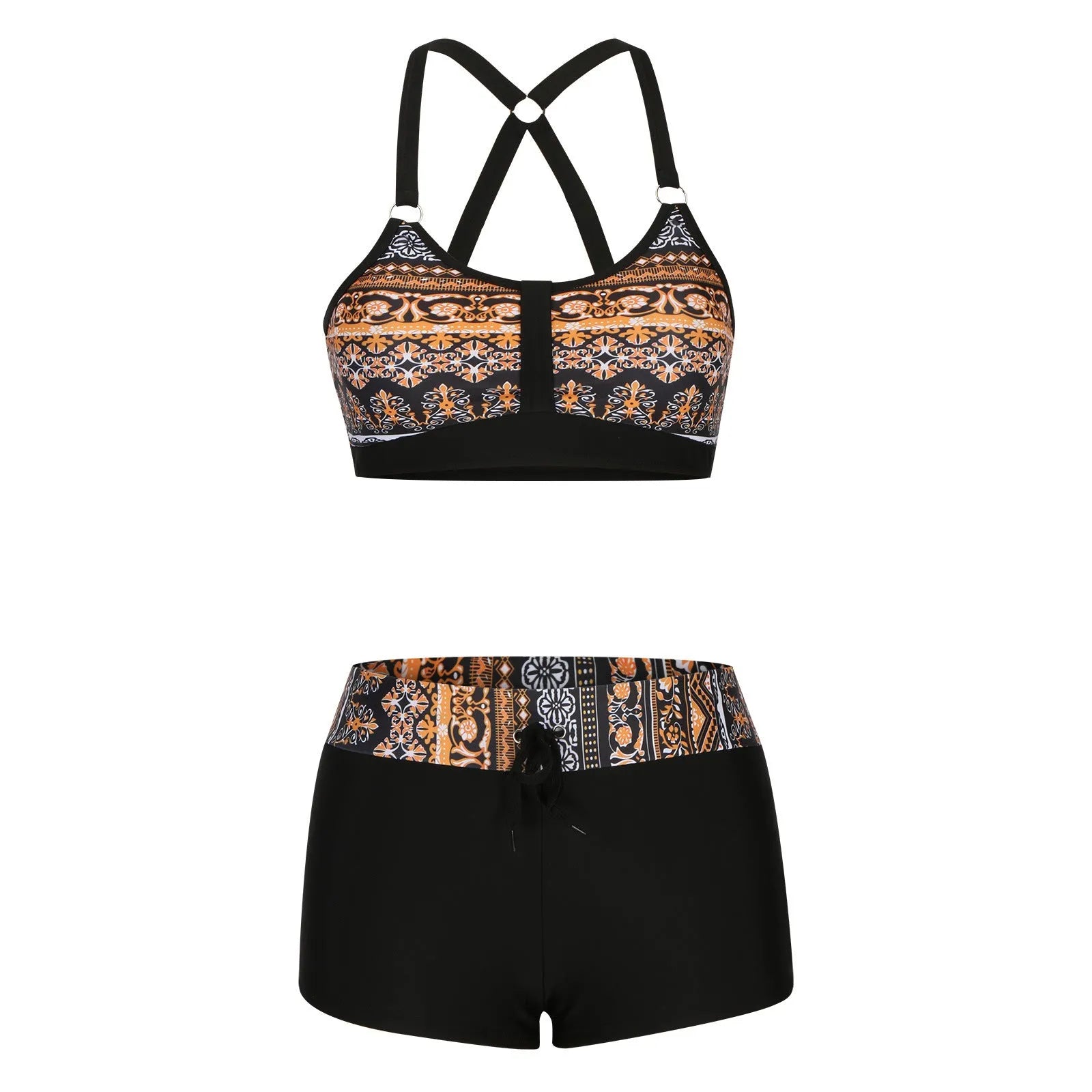 Women's floral print bikini swimsuit set in polyester, shown on a mannequin.