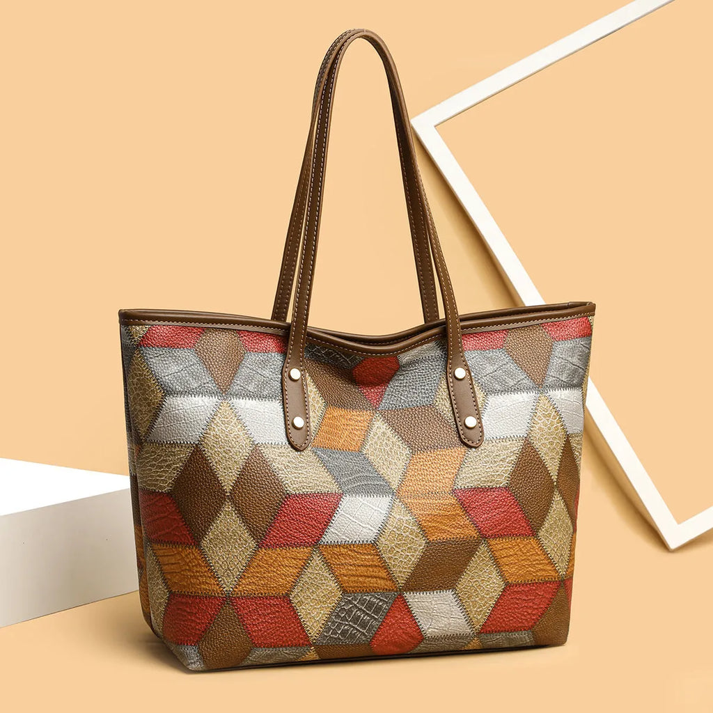Women's PVC large capacity shoulder handbag with sandwich pocket outer design in blue brown colour