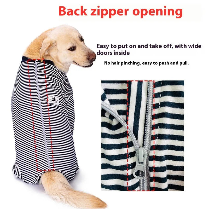 Four-legged striped polyester dog shirt for Golden Retrievers and Labradors in three colour options.
