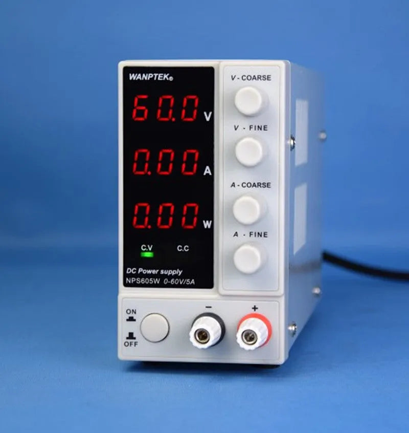 White adjustable DC bench power supply with display, model S605W, for electronics testing.