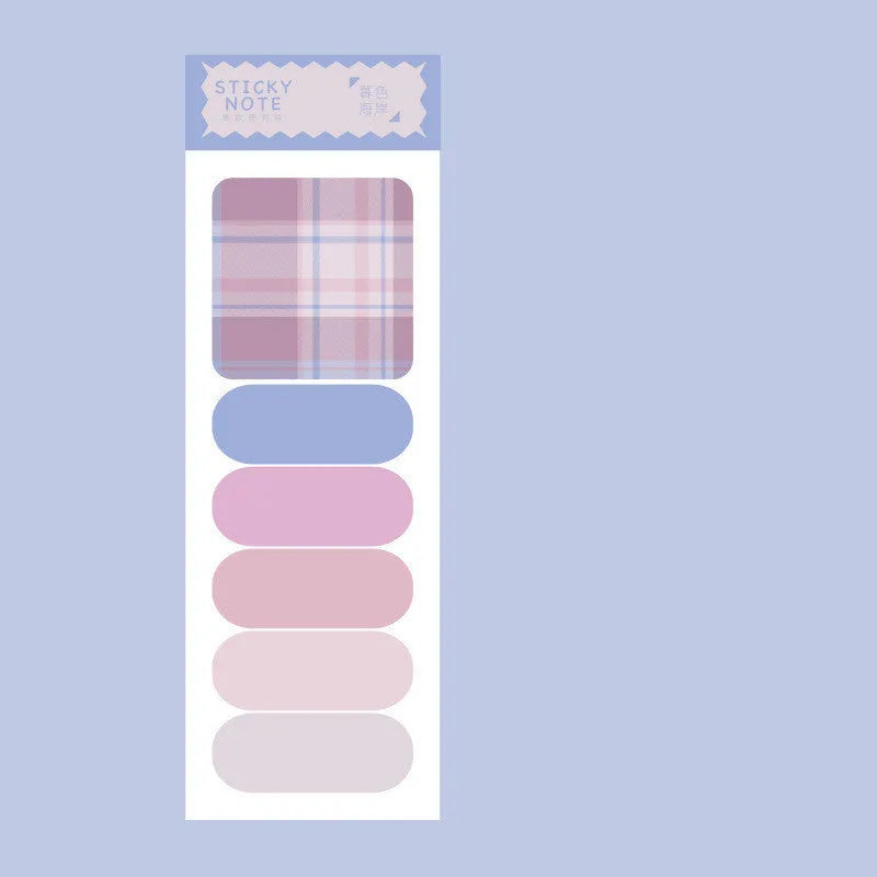 Colourful memo pad sticky notes set showing six plaid designs with 67mm x 200mm sheets