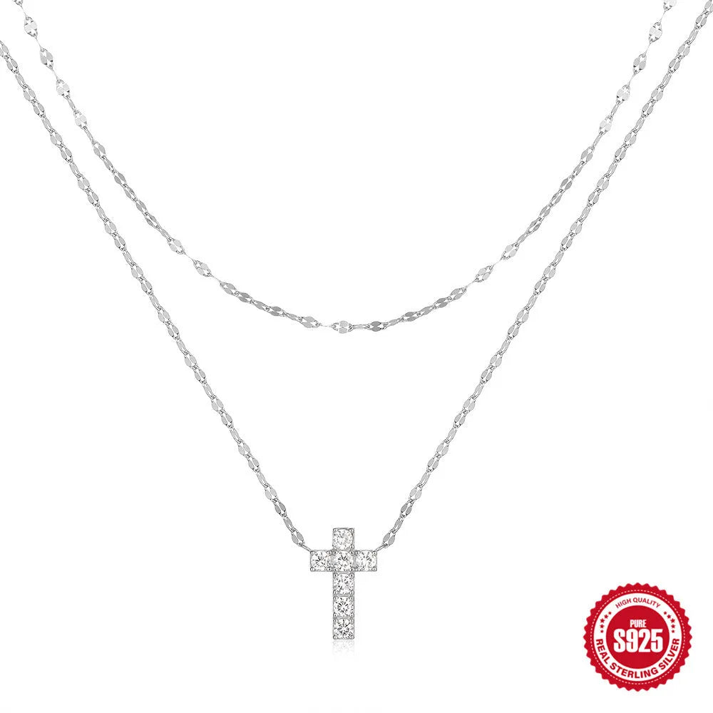 S925 sterling silver double layer twin diamond cross pendant necklace on clavicle chain in gold colour
