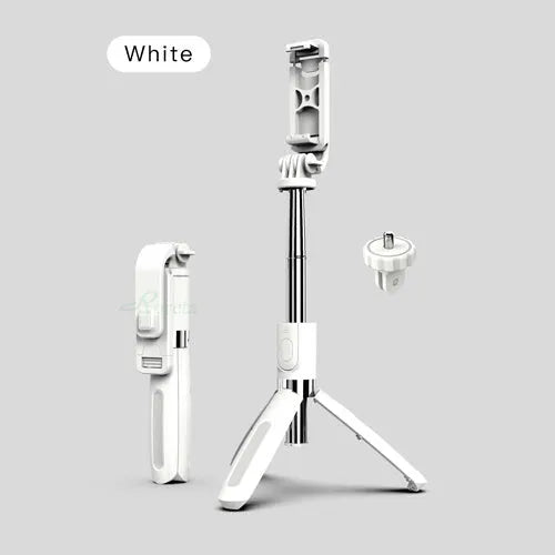 Black extendable Bluetooth selfie stick with tripod legs and wireless remote on a white background.