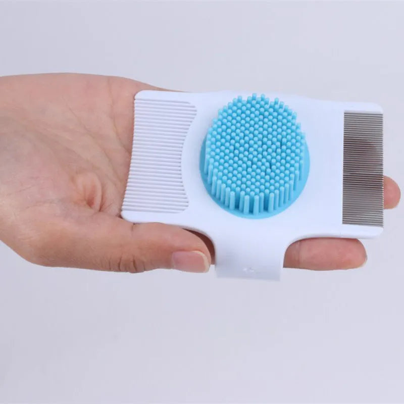 Multifunctional pet comb in blue or green for dog hair removal and massage, measuring 8.5cm x 7.5cm