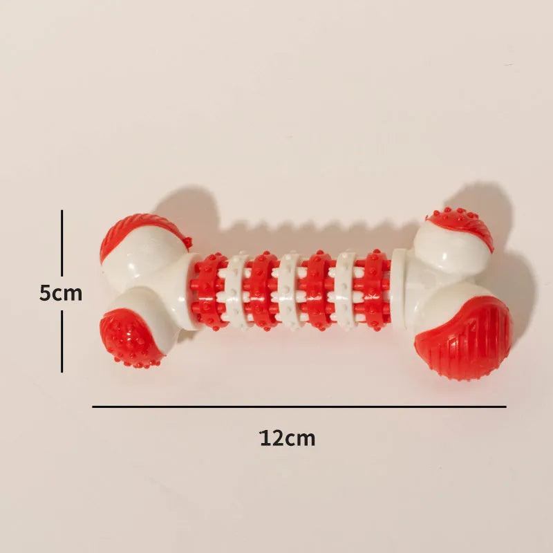 Small dog bone chew toy with treat dispenser centre in blue, orange and red colours