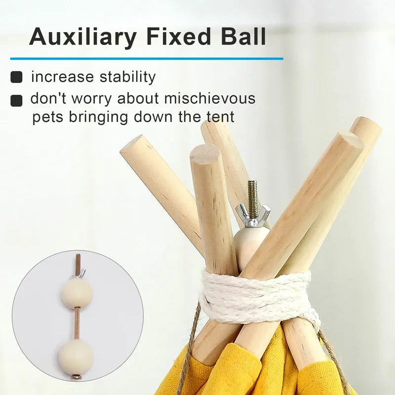 White and yellow striped flax linen pet teepee tent bed with cushion for small dogs or cats.